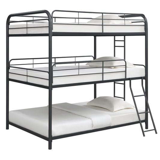 Triple Bunk Bed, Full Size With Sturdy Metal Frame And Safe Stairs - Black