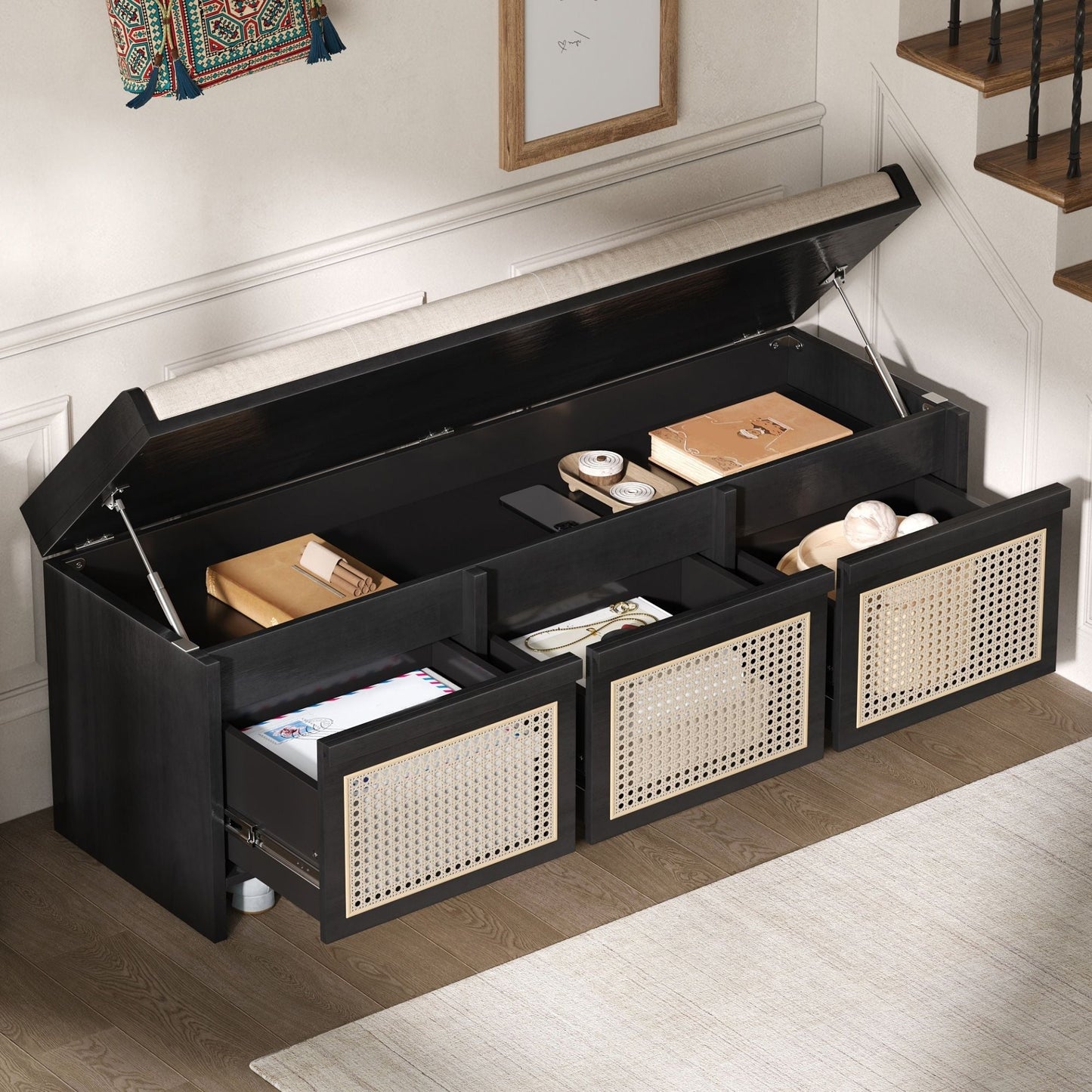 Entryway Shoe Bench With Drawers & Button Tufted Cushion