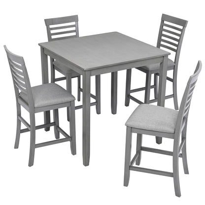 5 Piece Dining Table Set, Wooden Dining Square Table Set For 4, Counter Height Kitchen Table Set With Square Table And 4 Upholstered Chairs - Gray