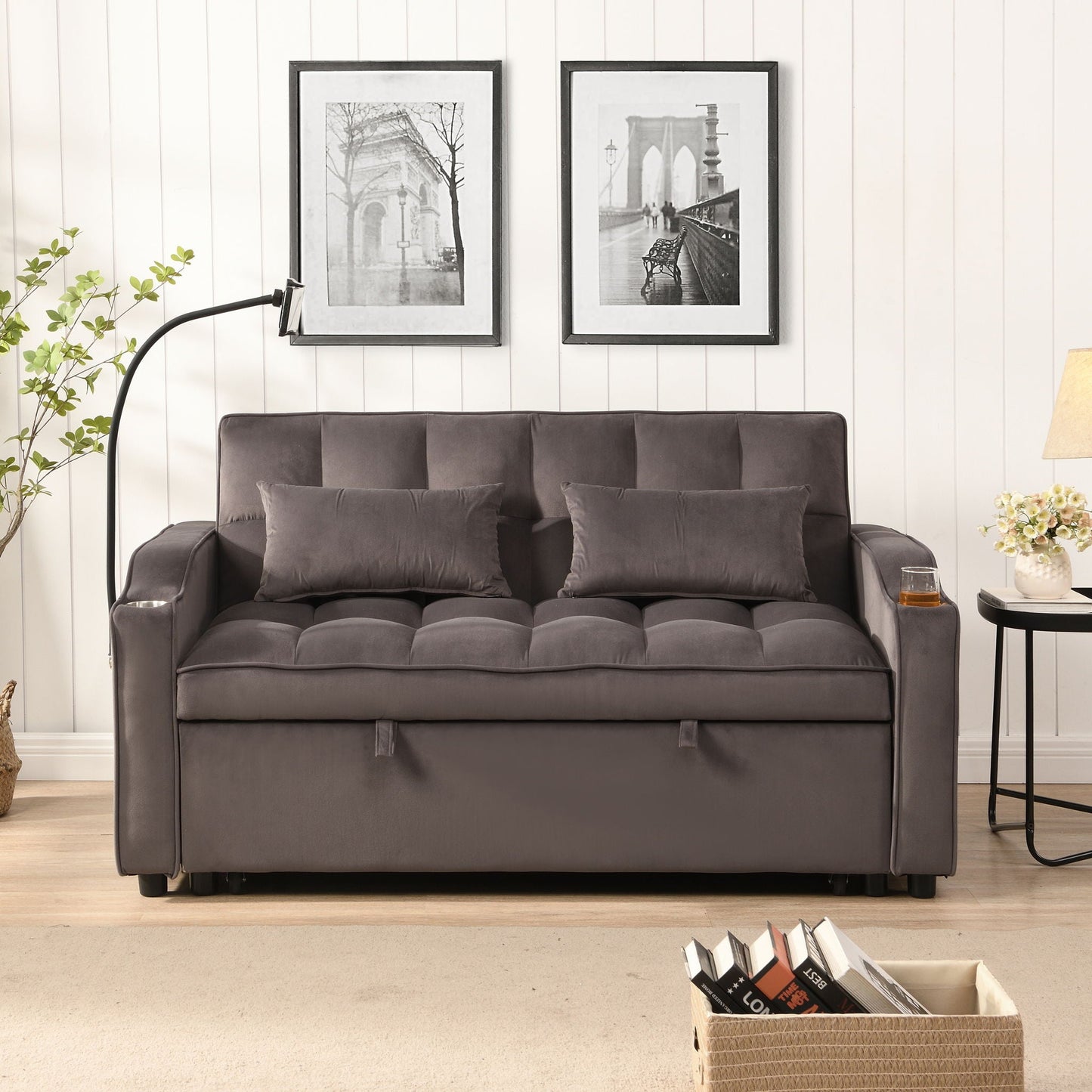 Modern Loveseat With Pullout Bed, Adjustable Reclining Backrest