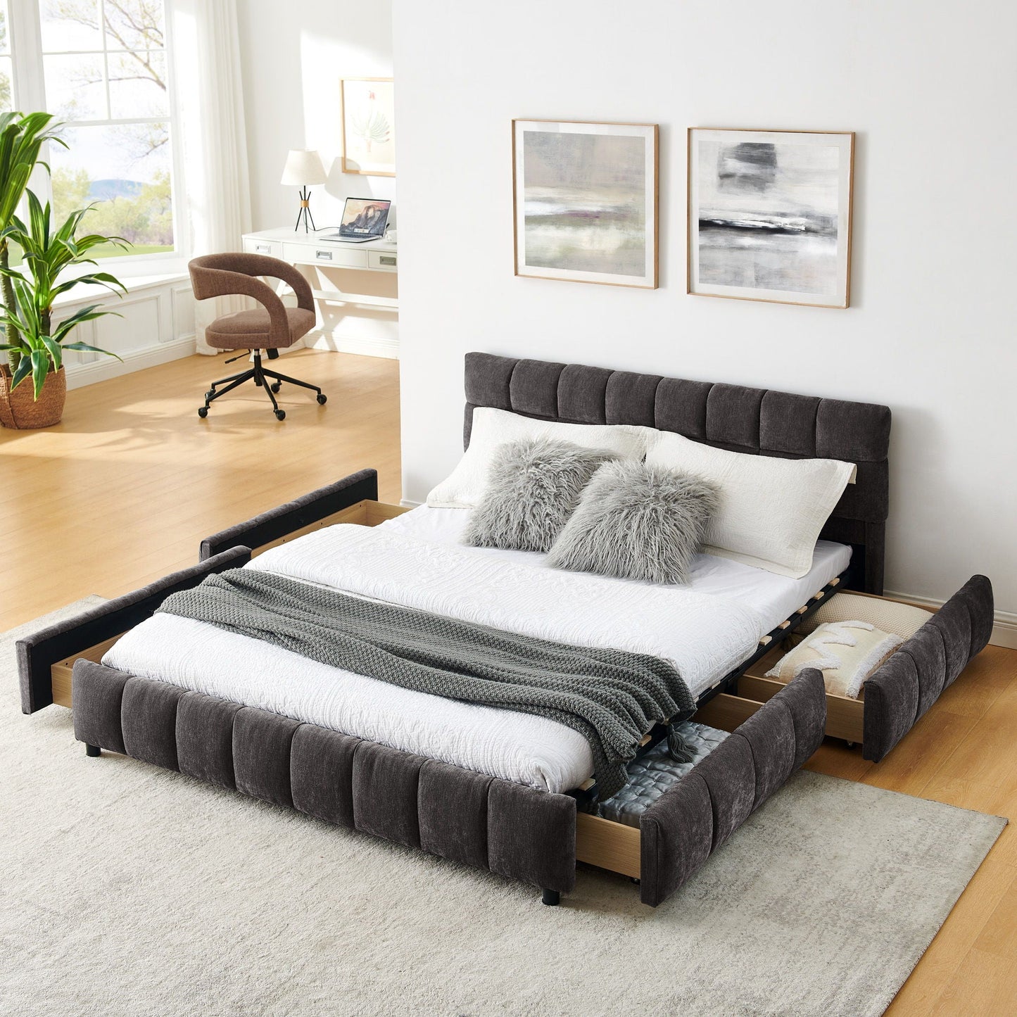 Modern Platform Bed Frame With Thick Fabric
