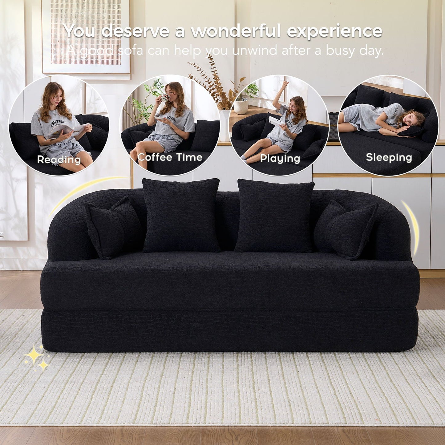 Foldable Sofa Bed, Boneless Couch Convertible Sleeper With 4 Pillows