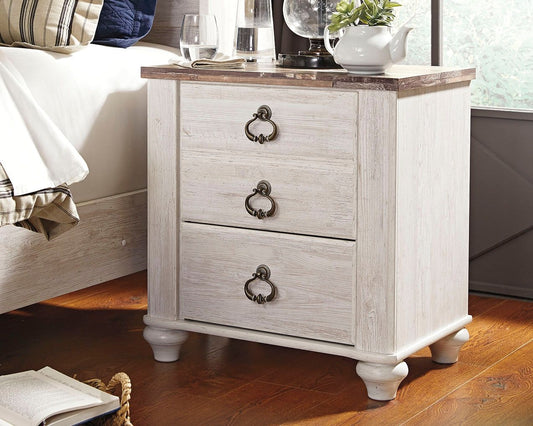 Willowton - Two Drawer Night Stand - Brown / Beige / White