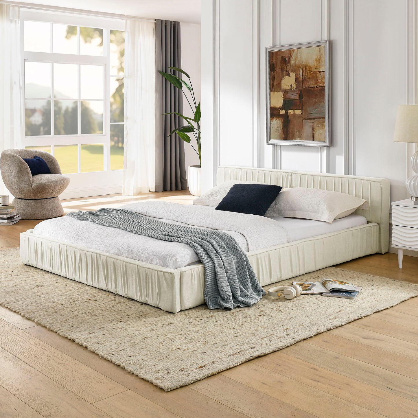 Modern Upholstered Platform Bed Frame With Pleated Design