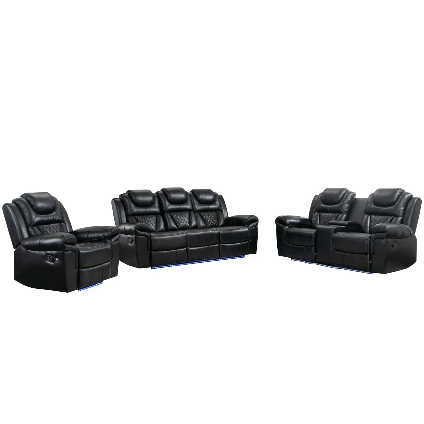3 Pieces Recliner Sofa Sets Home Theater Seating Manual Recliner Chair With Center Console And LED Light Strip For Living Room
