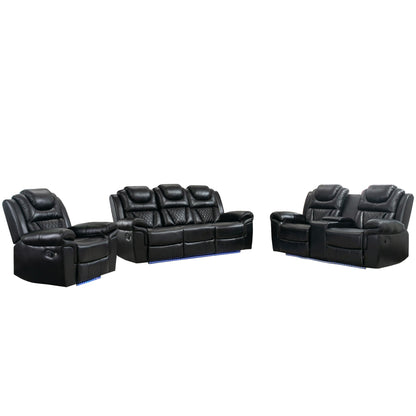 3 Pieces Recliner Sofa Sets Home Theater Seating Manual Recliner Chair With Center Console And LED Light Strip For Living Room