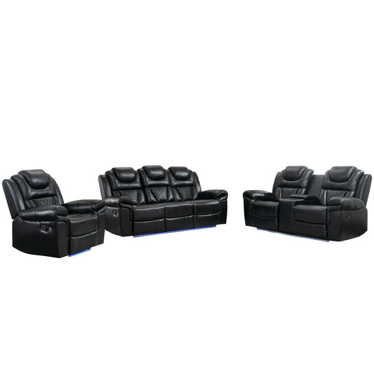 3 Pieces Recliner Sofa Sets Home Theater Seating Manual Recliner Chair With Center Console And LED Light Strip For Living Room