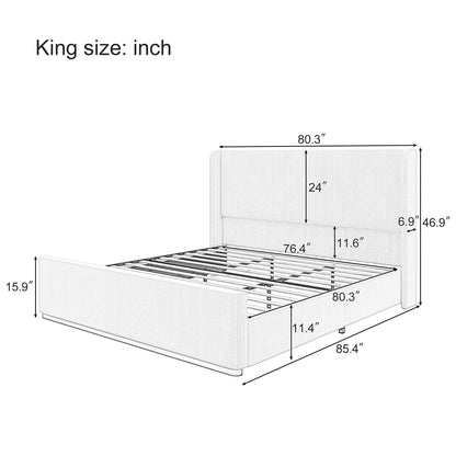 King Size Luxurious Corduroy Upholstered Bed Frame With Vertical Stripe Wingback Headboard And High Footboard - Light Gray
