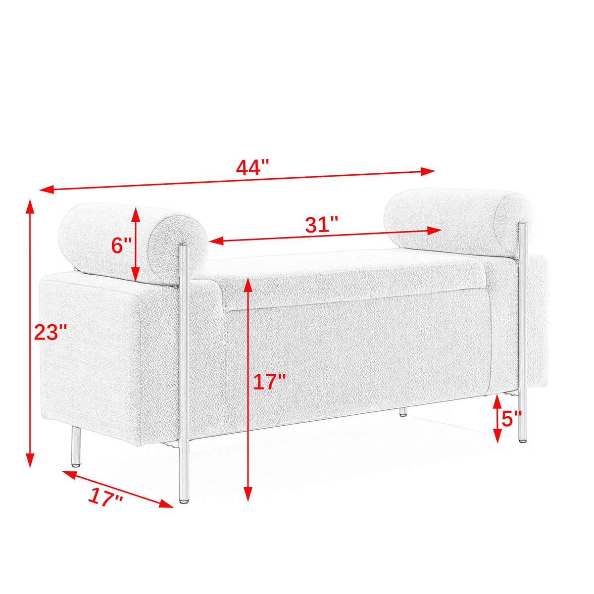 Elegant Upholstered Storage Bench With Cylindrical Arms And Iron Legs,