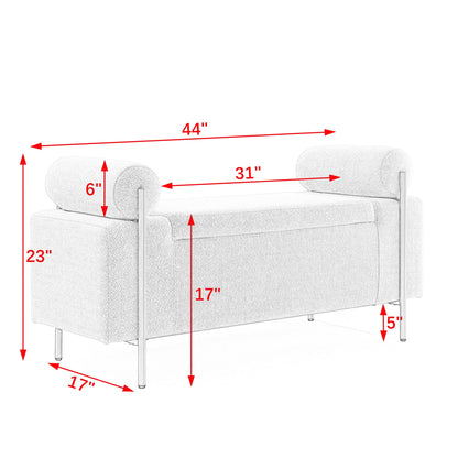 Elegant Upholstered Linen Storage Bench With Cylindrical Arms And Iron Legs, White