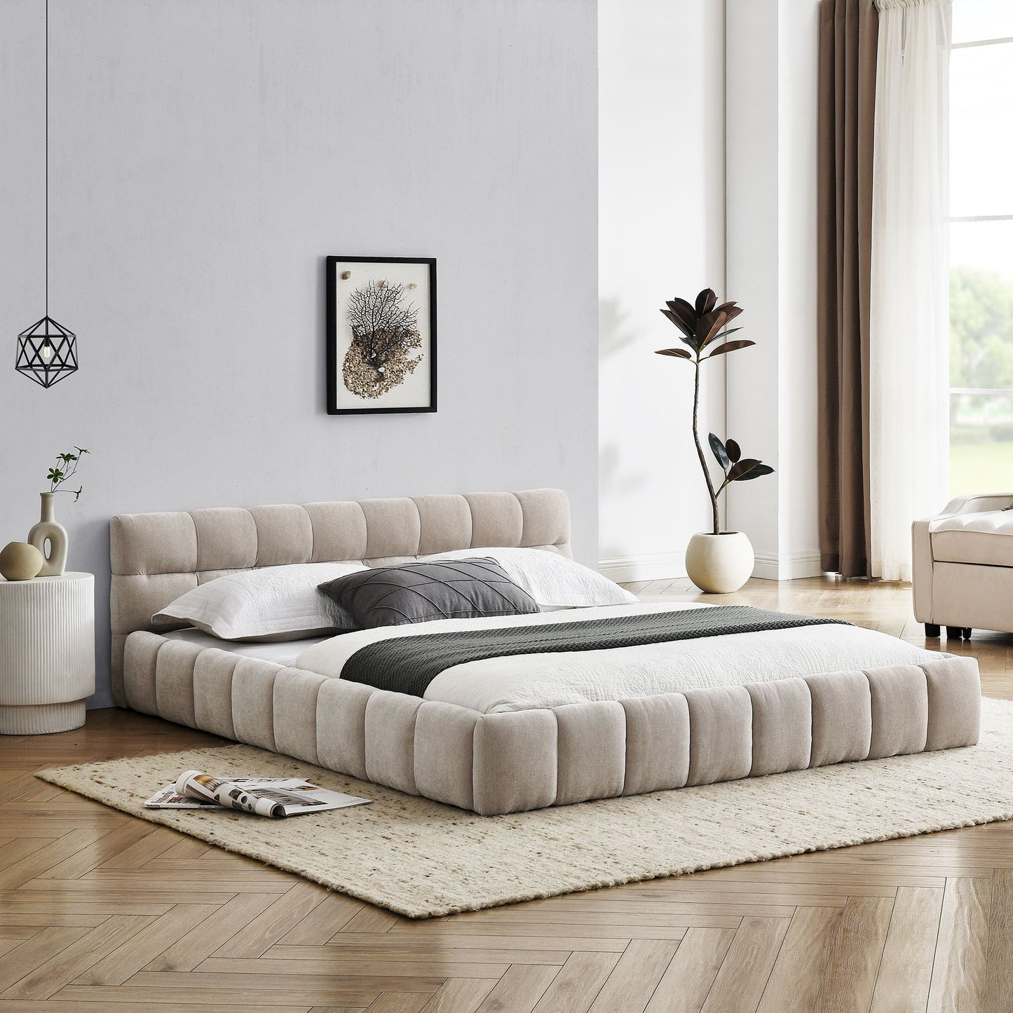 Modern Platform Bed Frame With Thick Fabric