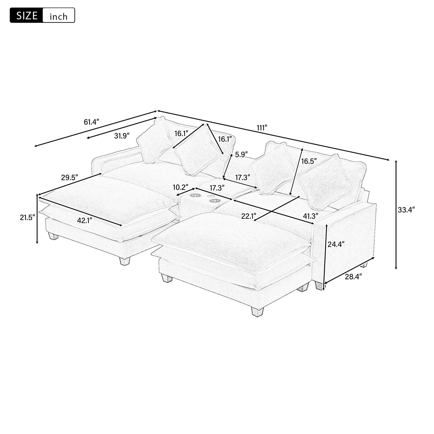 Modern Sectional Sofa With Removable Ottomans, USB Ports