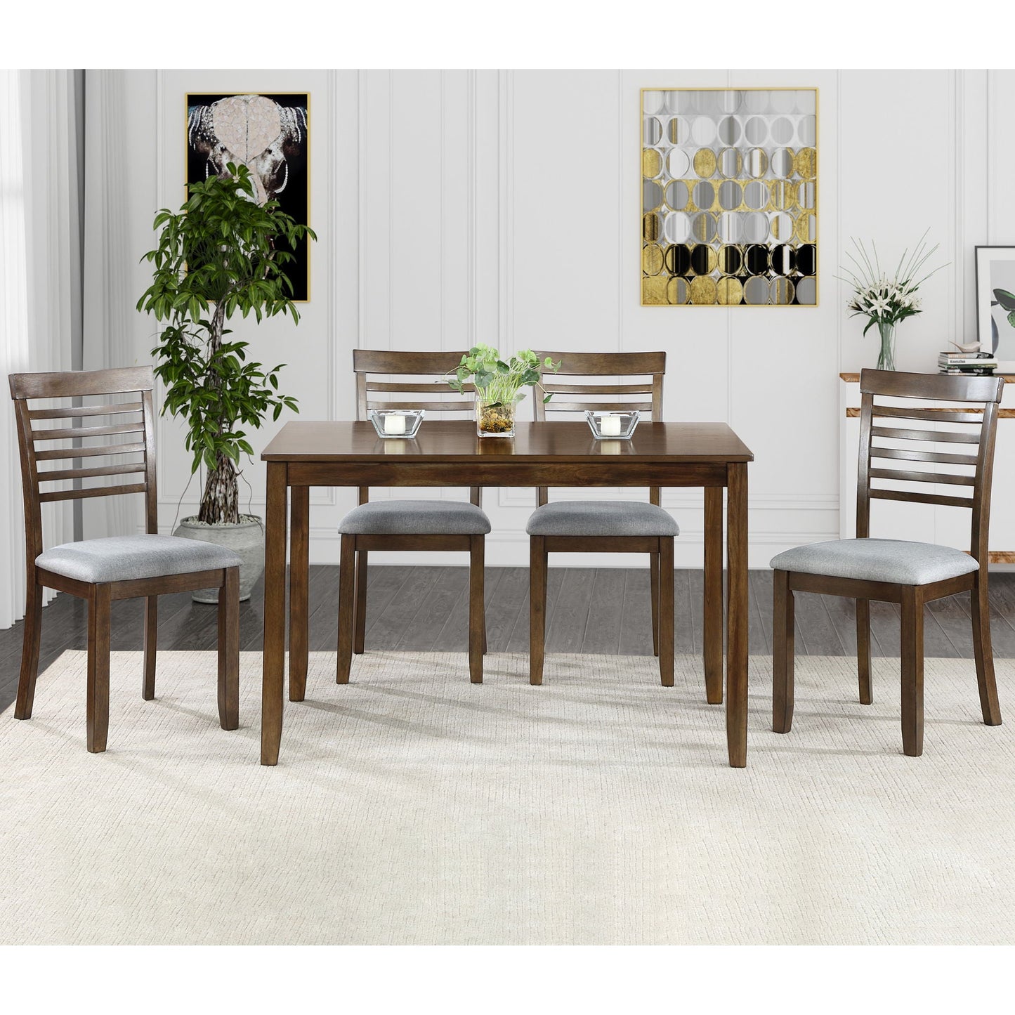 5 Pieces Modern Dining Set, Rectangular Wooden Dining Table With 4 Upholstered Chairs