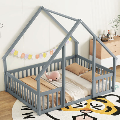 Wood House-Shaped Floor Bed With Fence, Guardrails