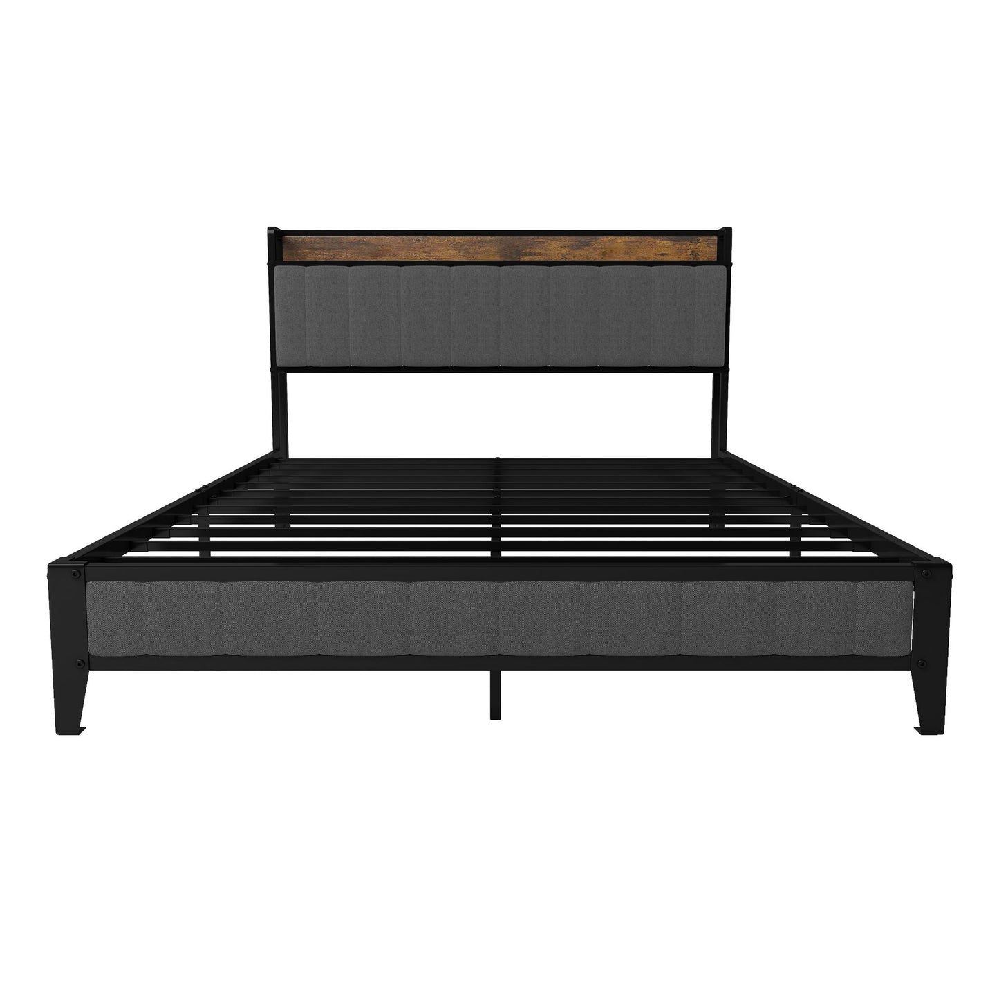 Bed With Charging Station, American Design Upholstered Headboard, Metal Platform