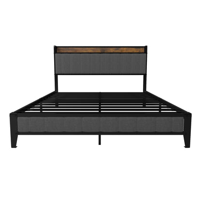 Bed With Charging Station, American Design Upholstered Headboard, Metal Platform