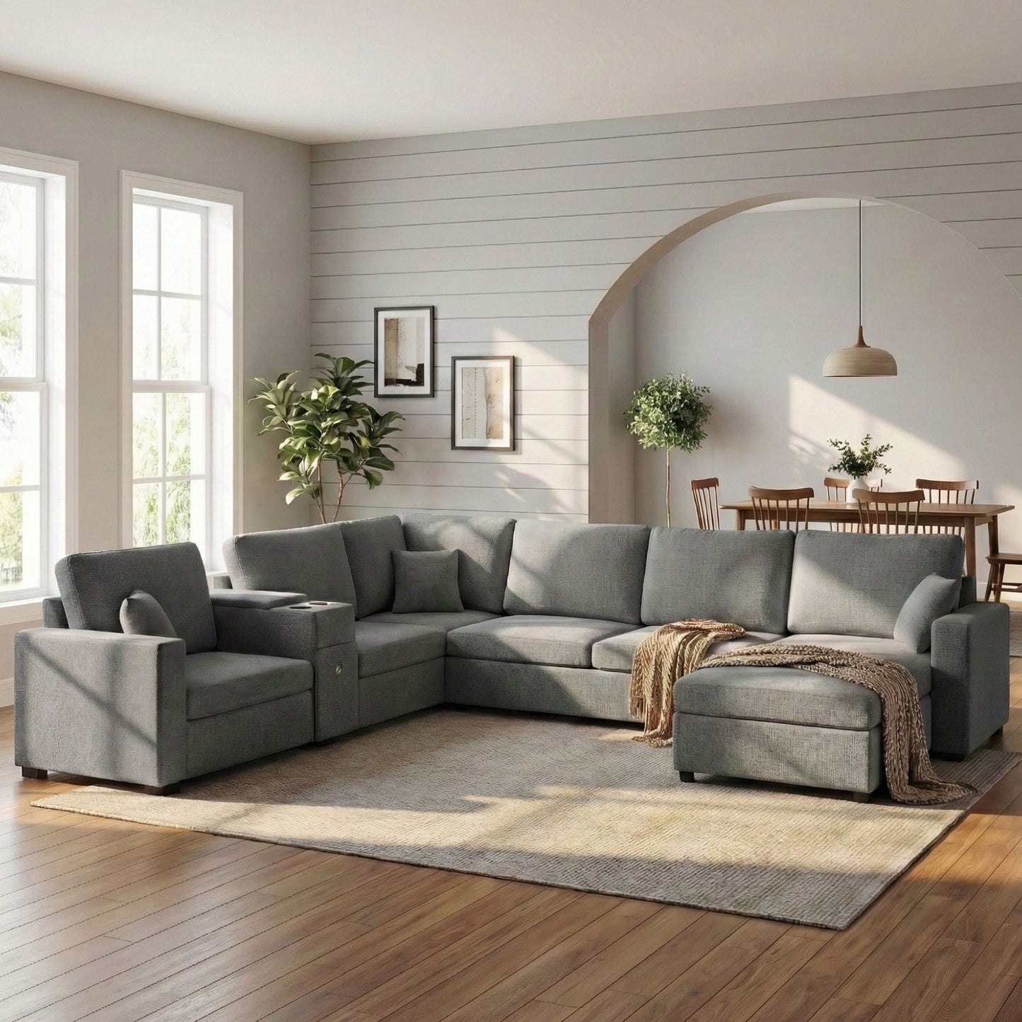 Modular 5 Seat U-Shape Sectional Sofa With Chaise Lounge, Built In Cup Holders And Storage Drawer