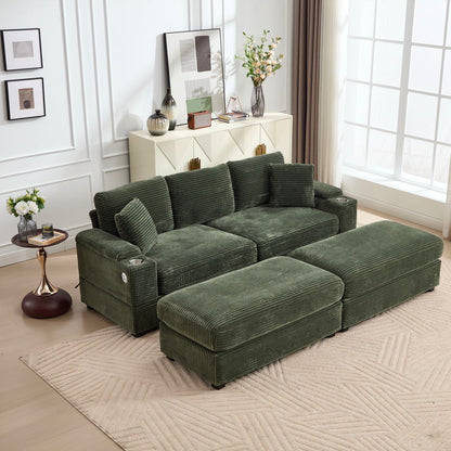 Convertible Sectional Sofa Bed Set With Armrest Storage, Cup Holder, USB, 4 Seater - Green