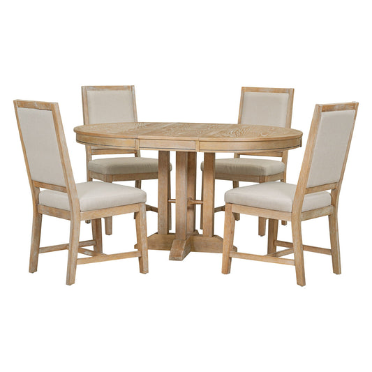 Dining Set & Extendable Round Table And 4 Upholstered Chairs