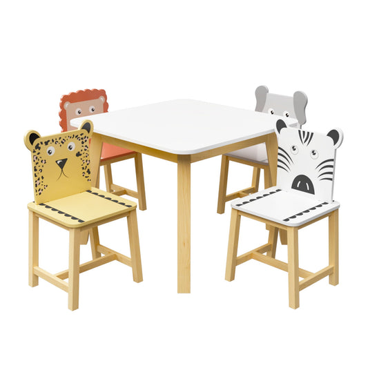 Kids Table And Chair Set With Cartoon Animals Design - White