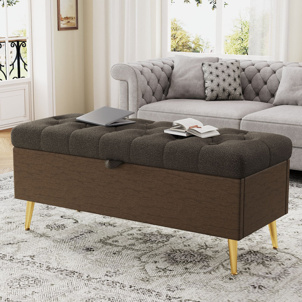 Modern Tufted Storage Ottoman Bench With Metal Legs