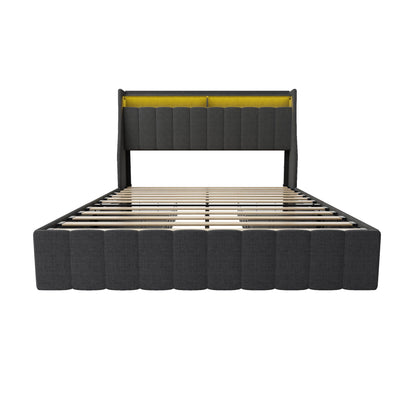 Bed With LED Lights, 4 Drawers, Winged Headboard Upholstered