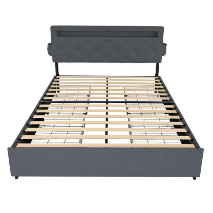 Bed With USB Charging Station, LED Lights, Headboard & Storage Drawers