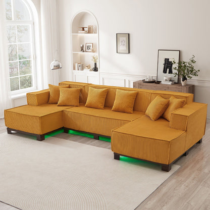 U-Shaped Sectional Sofa With RGB LED Light Strip And 6 Pillows