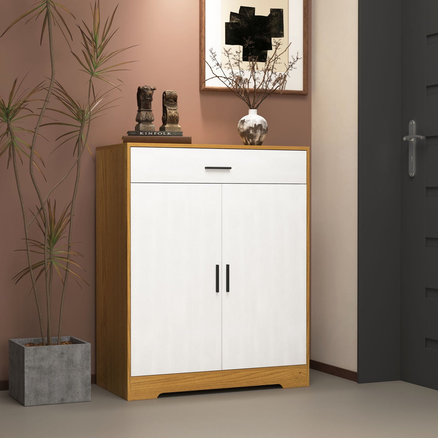 Freestanding Wooden Shoe Cabinet, 4 Tier Organizer With Drawer