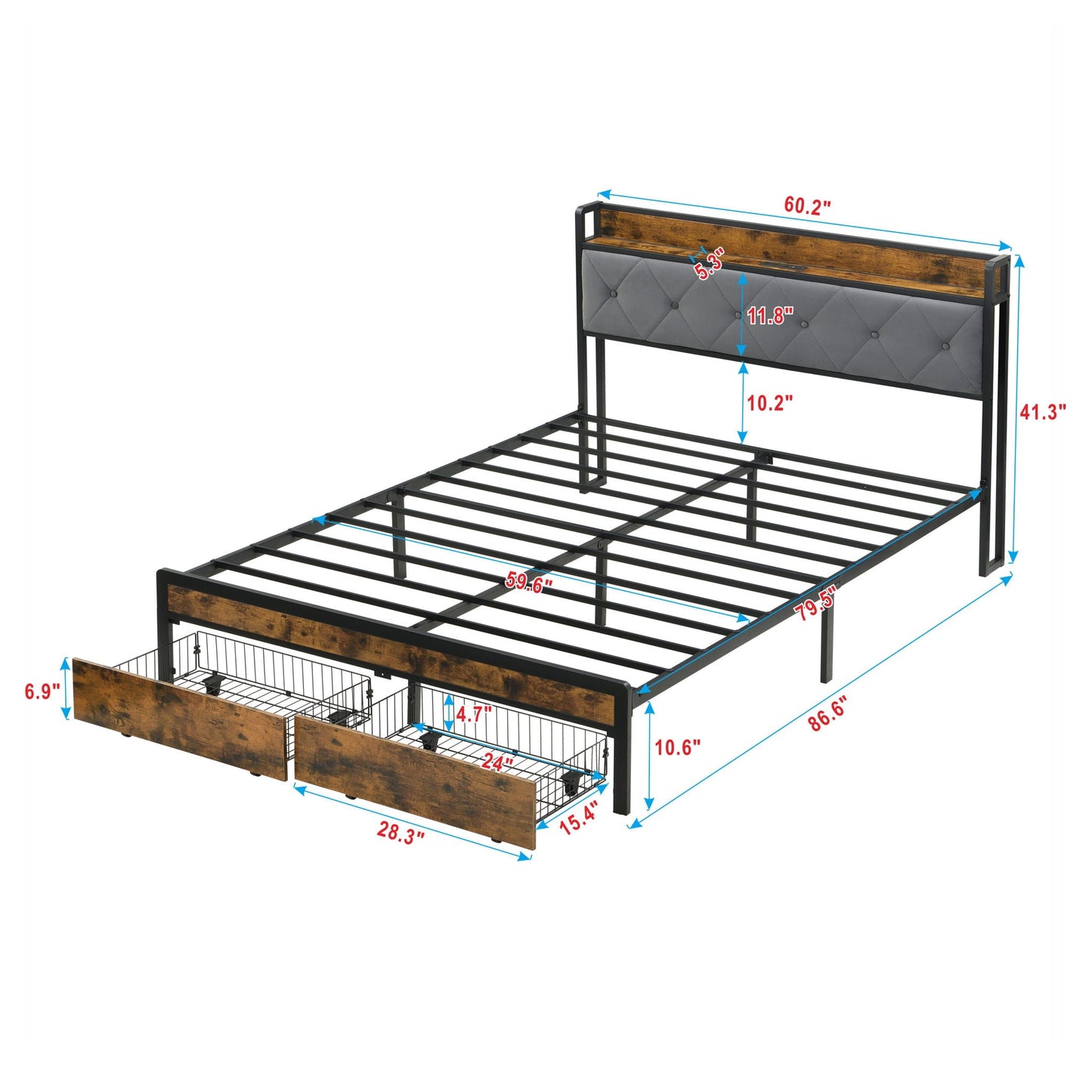 Modern Bed Frame With LED Lights, Upholstered Headboard, USB Charging