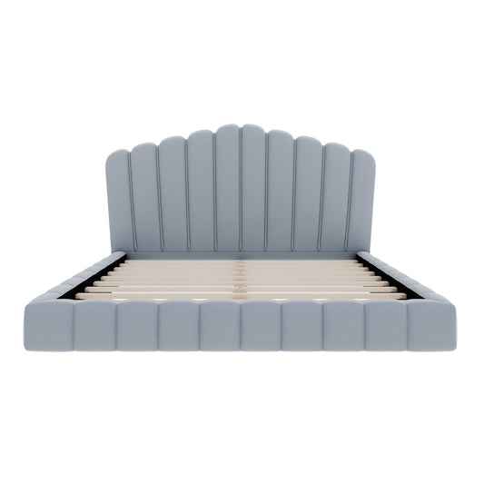Queen Upholstered Bed Frame With Shell Shaped Headboard - Light Blue - Light Blue