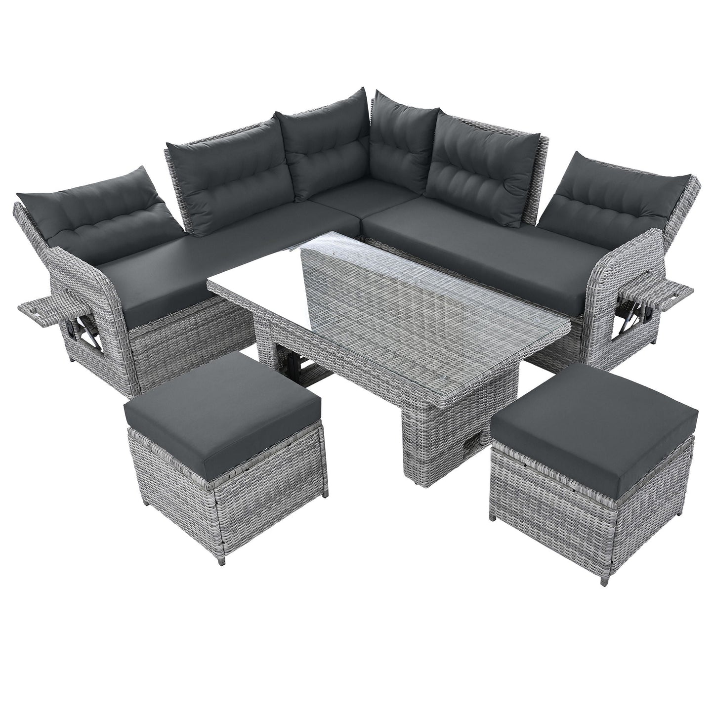 Outdoor Furniture Set Patio Rattan Furniture Set With Adjustable Table, Recliners With Extendable Side Tables And 2 Ottomans