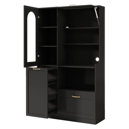 Tall Freestanding Kitchen Pantry Cabinet With Arched Glass Door
