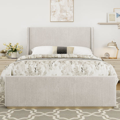 King Size Luxurious Corduroy Upholstered Bed Frame With Vertical Stripe Wingback Headboard And High Footboard - Light Gray