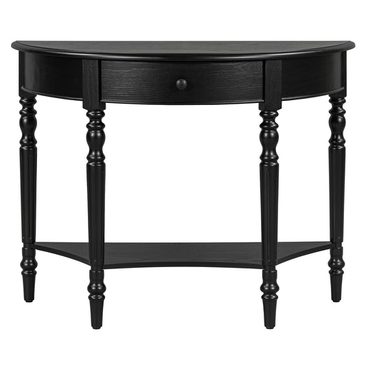 Half Moon Console Table With Drawer & Shelf Accent Table For Entryway - Black