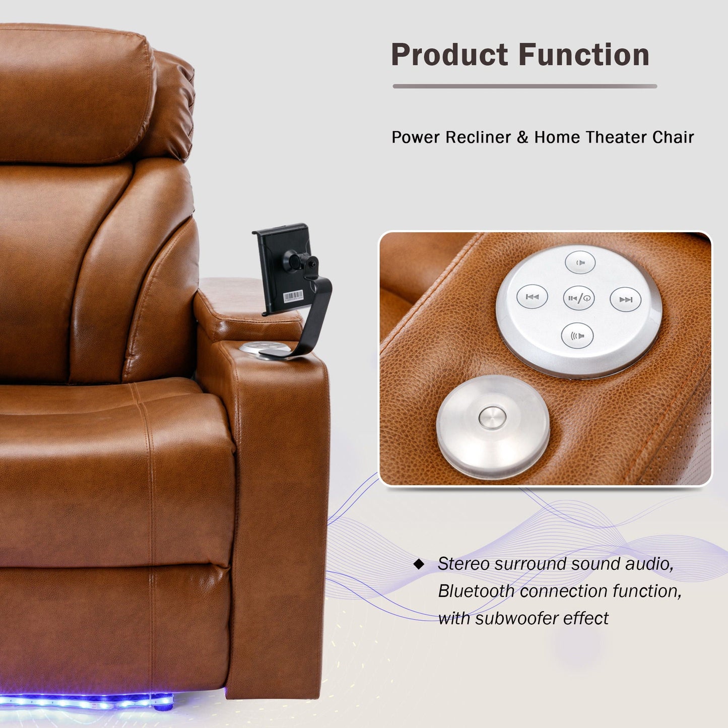 Power Motion Recliner Electric Power Recliner With USB Charging Port, Hidden Arm Storage, Convenient Cup Holder And Bluetooth Speaker