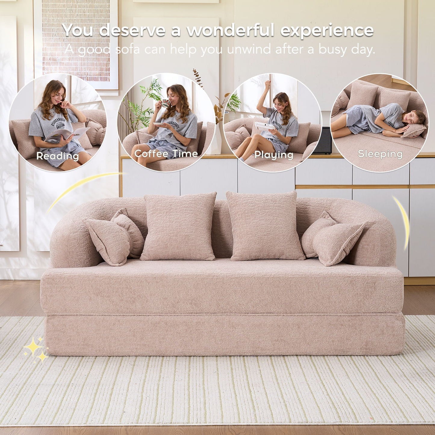 Foldable Sofa Bed, Boneless Couch Convertible Sleeper With 4 Pillows