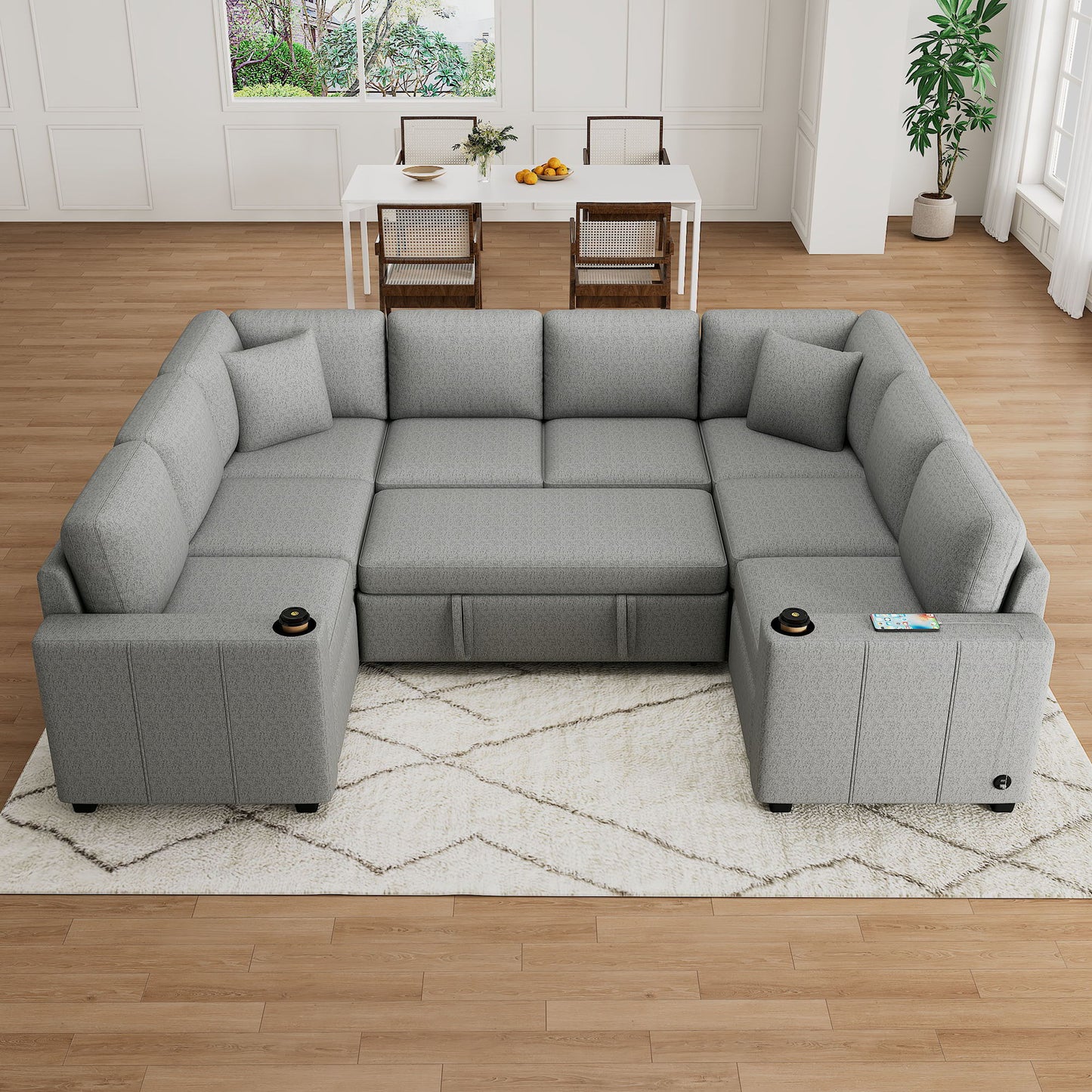 Convertible U-Shaped Sectional Sofa With Pull-Out Bed