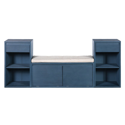 Entryway Storage Bench With Cushion, Drawers & Open Shelves