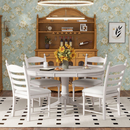 5 Piece Retro Functional Dining Table Set With Extendable Round Table And Upholstered Chairs