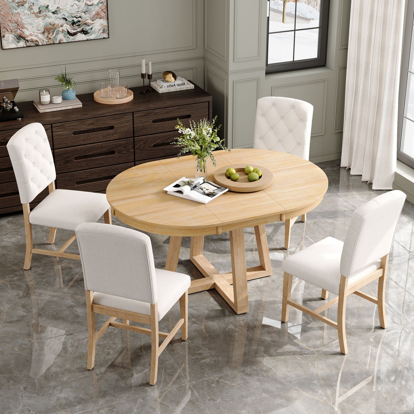 Dining Set With Leaf Round Table And 4 Upholstered Chairs