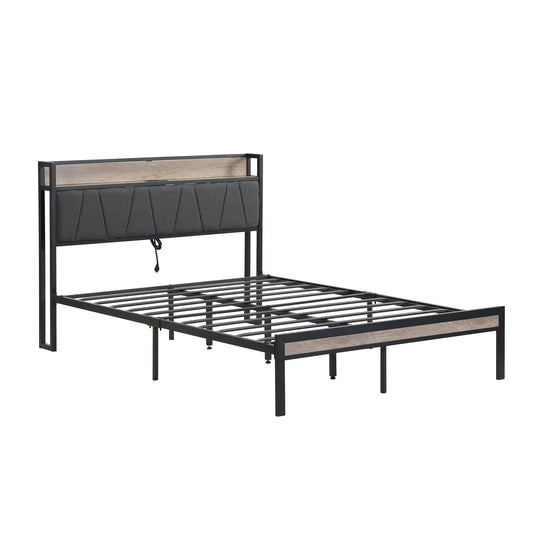 Modern Bed Frame With LED Lights, Upholstered Headboard, USB Charging