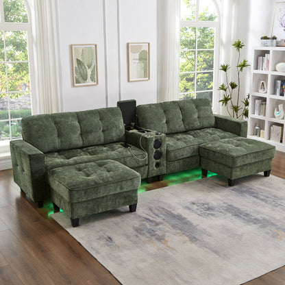 Modern Sectional Sofa U-Shaped With Movable Ottomans, Bluetooth Speakers, LED Lights And Modular Storage