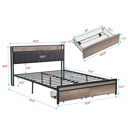 Modern Bed Frame With LED Lights, Upholstered Headboard, USB Charging