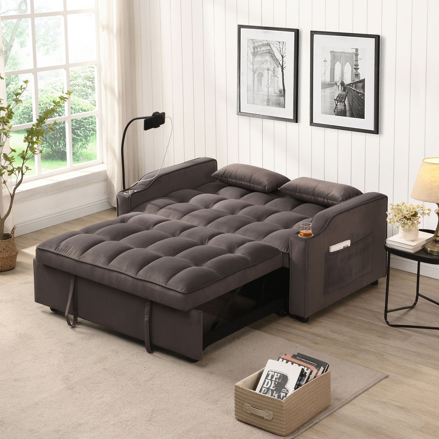 Modern Loveseat With Pullout Bed, Adjustable Reclining Backrest