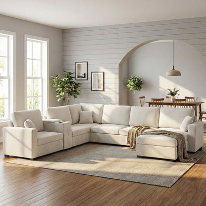 Modular 5 Seat U-Shape Sectional Sofa With Chaise Lounge, Built In Cup Holders And Storage Drawer