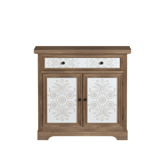 Accent Cabinet With Carved Floral Panels, Sideboard With Drawer And Double Doors - Antique Brown / White