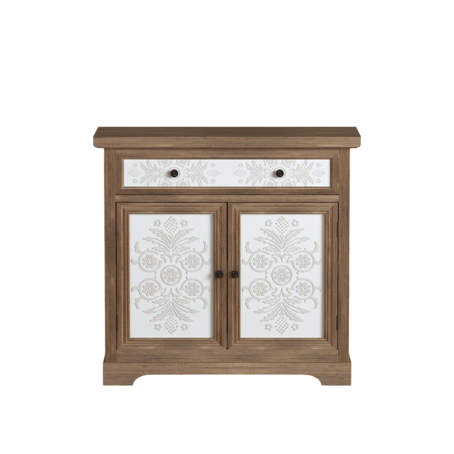 Accent Cabinet With Carved Floral Panels, Sideboard With Drawer And Double Doors - Antique Brown / White