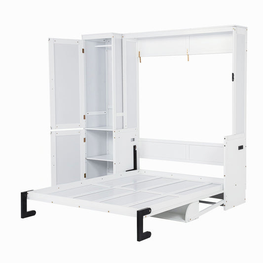 Queen Size Murphy Bed With Wardrobe, Space-Saving Hidden Wall Bed With Desk And Charging Station - White