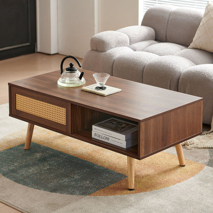 41.34" Rattan Coffee Table, Sliding Door For Storage, Solid Wood Legs, Modern Table For Living Room
